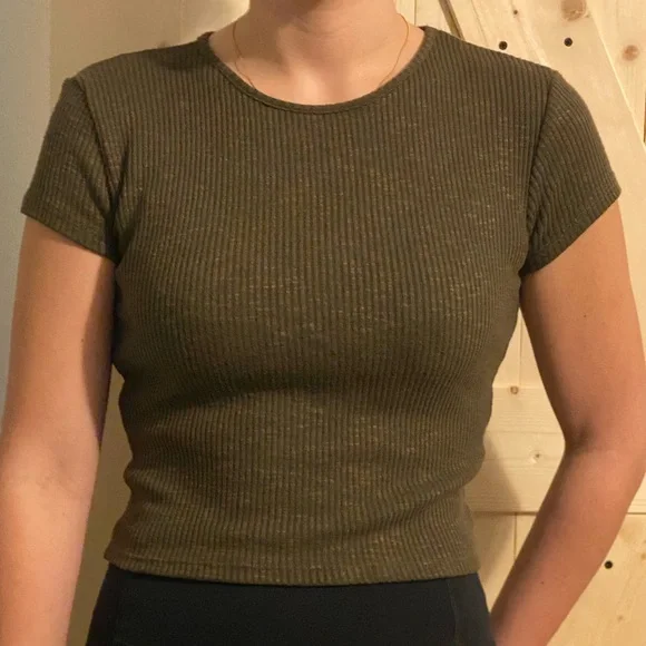 Women's Ribbed Short-Sleeve Crop Top in Olive Brown - Picture 1 of 4